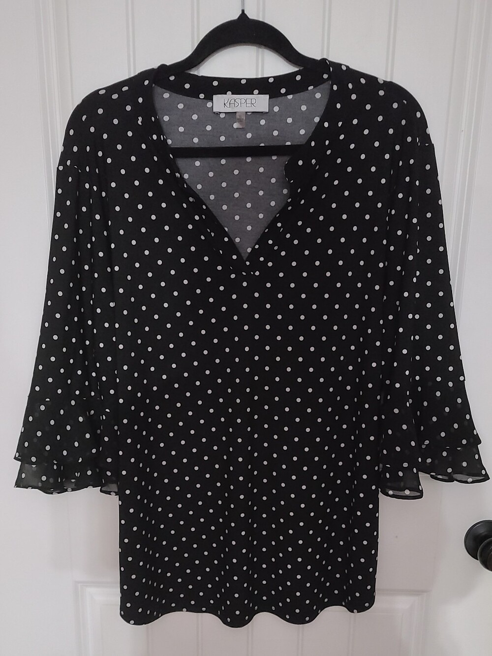 Kasper Black & White Polka Dot V-Neck Ruffle Sleeve Blouse